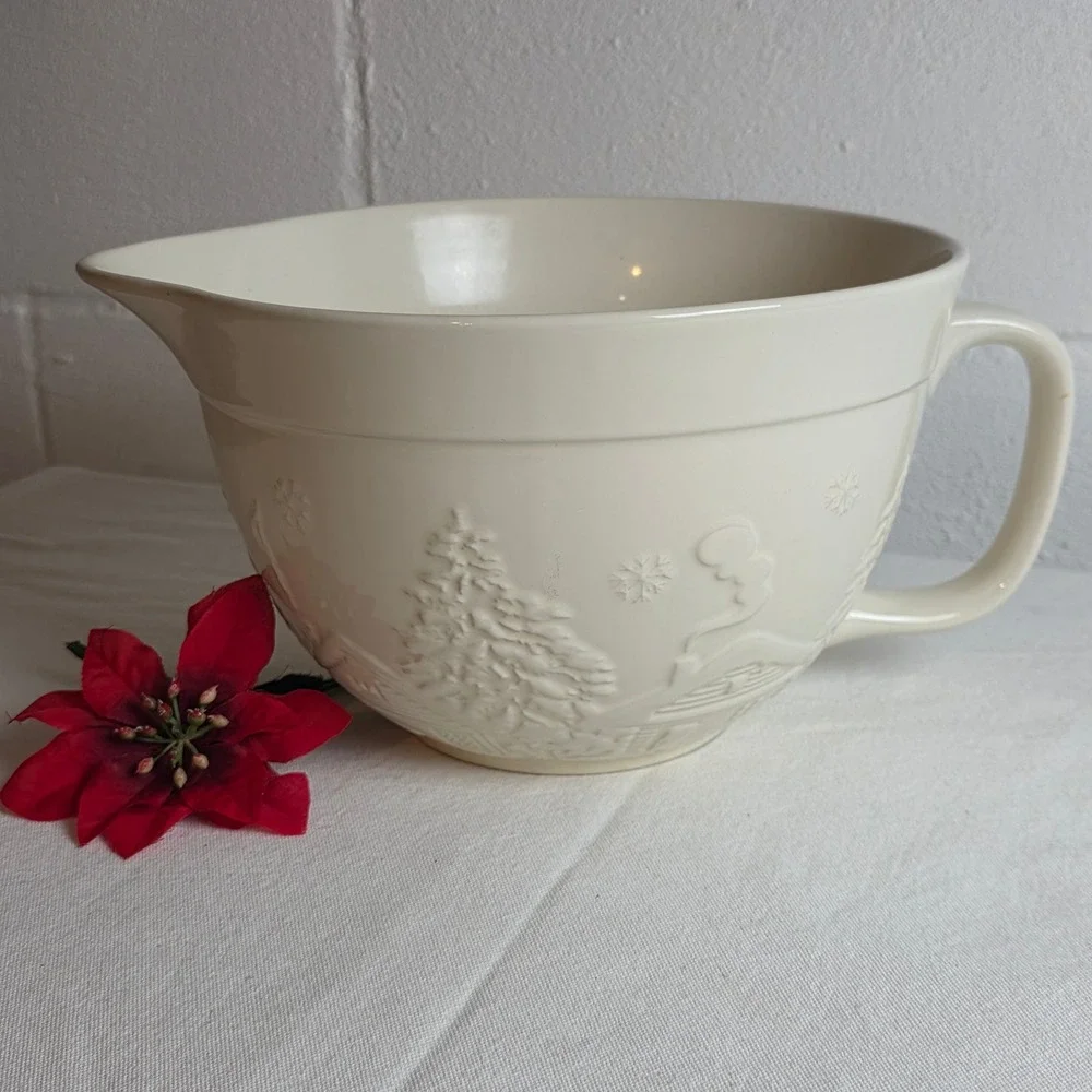 The Bake Shop Cream Embossed Winter Scene Stoneware Mixing Bowl Spout Handle